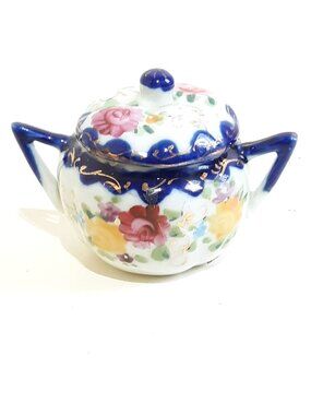 Vintage Hand-Painted Porcelain Floral Sugar Bowl Lid Handles -Roses Gold Detail